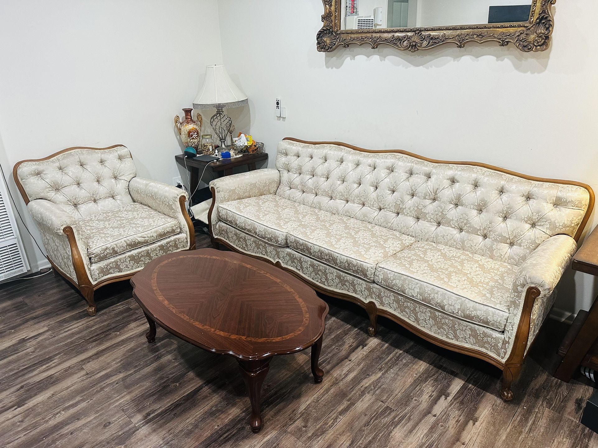 Vintage Tufted Sofa & Armchair Set – Solid Wood Frame – Pickup Only