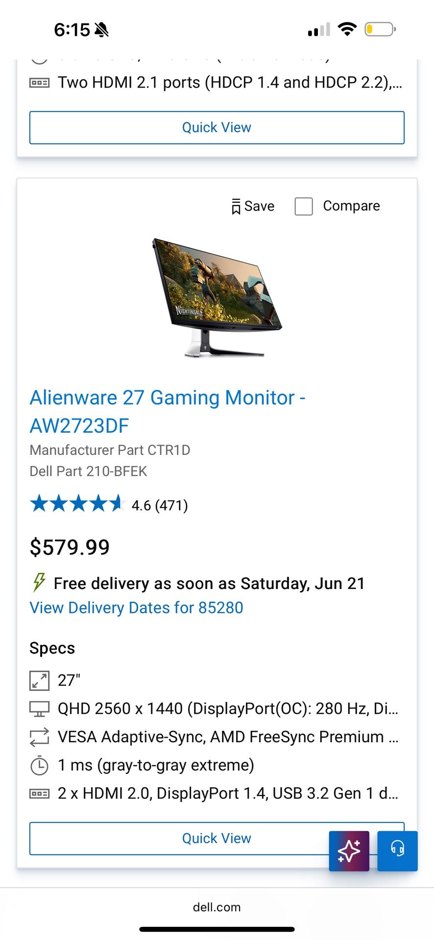 Alienware 27” Gaming Monitor 280hz Aw2723df