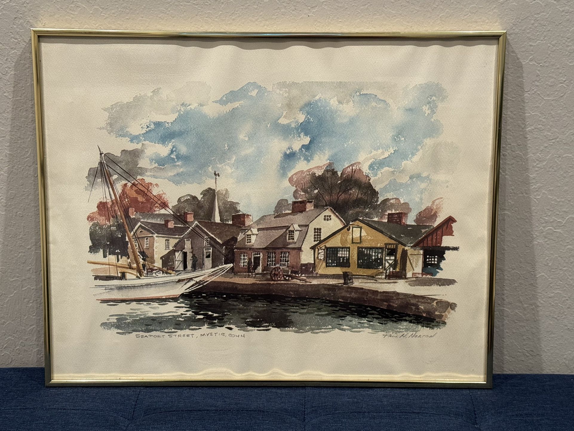 Paul N. Norton Signed & Framed Watercolor Print "Seaport Street, Mystic Conn."