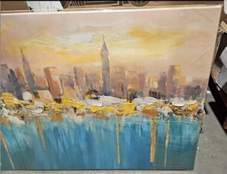Modern Abstract Turquoise and Gold Cityscape, 48"L x 24"W

