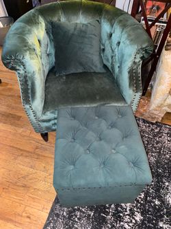 Green velvet arm chair pillow and storage ottoman