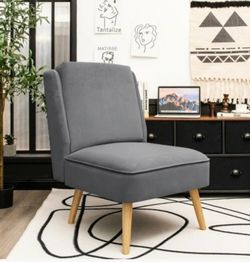 Velvet Accent Chair with Rubber Wood Legs for Living Room-Gray