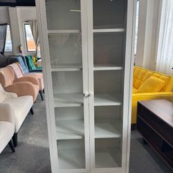 Modern Metal Display Cabinet with 4 Adjustable Shelves, White Glass Doors, 5 Tiers, Home Office, Living Room $130