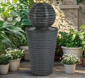 New 31.5" H Tall Striped Concrete Column Fountain-LED Light Shadow Ambiance Maker