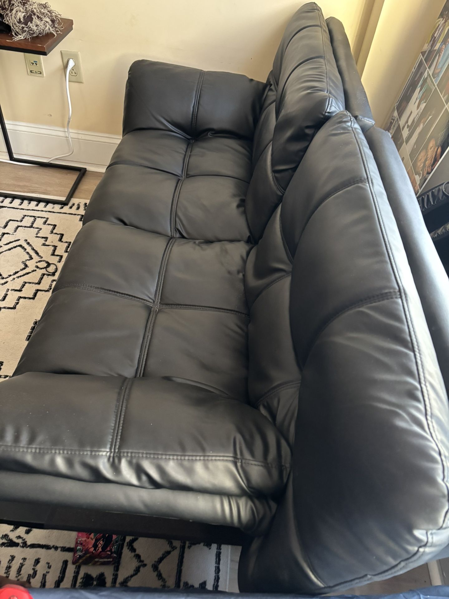 Mid-Century Modern Black Leather Futon – Folds Flat, Adjustable Arms, Great Condition