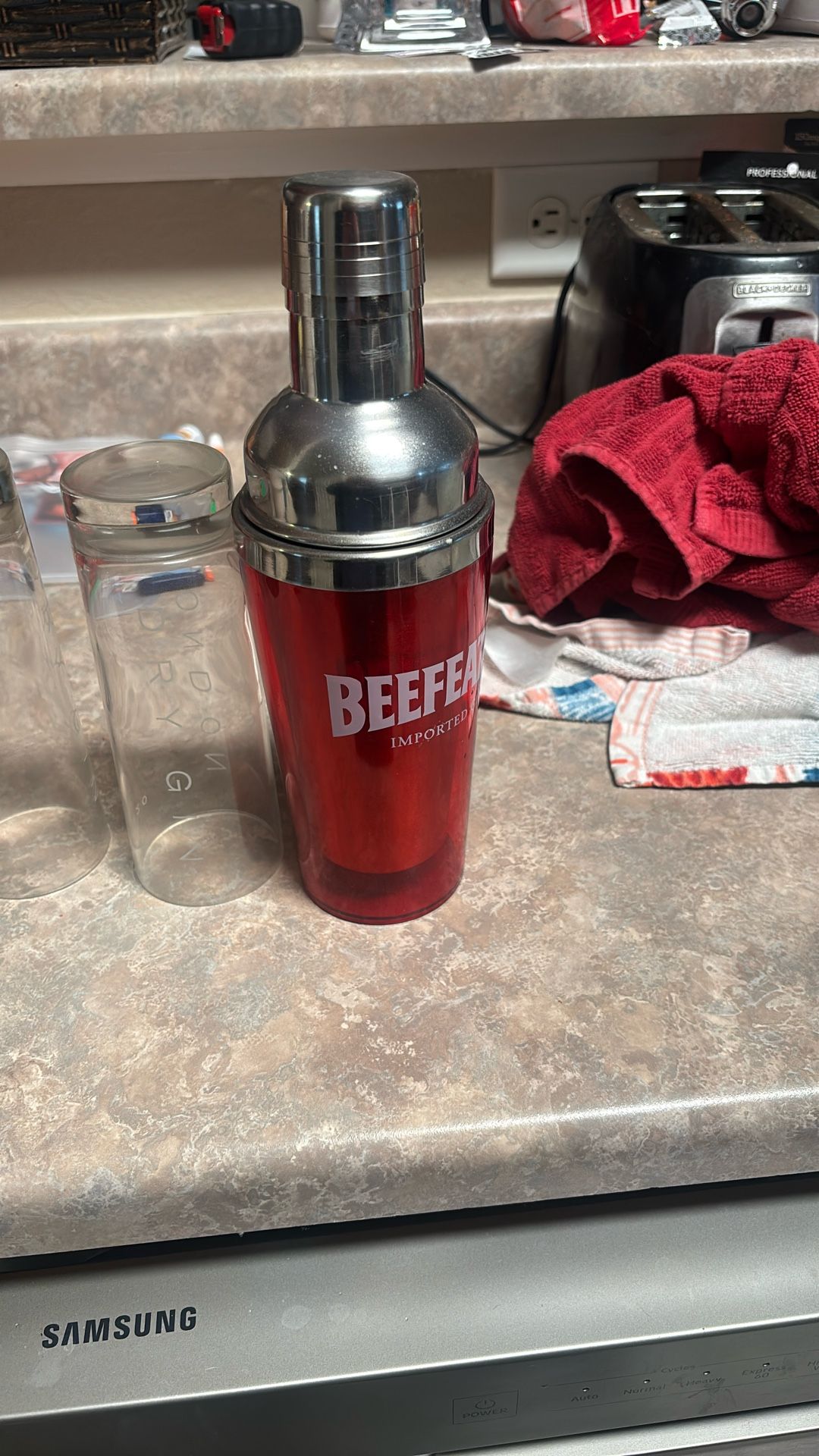 Beefeater Shaker And Two Tom Collin’s Glasses
