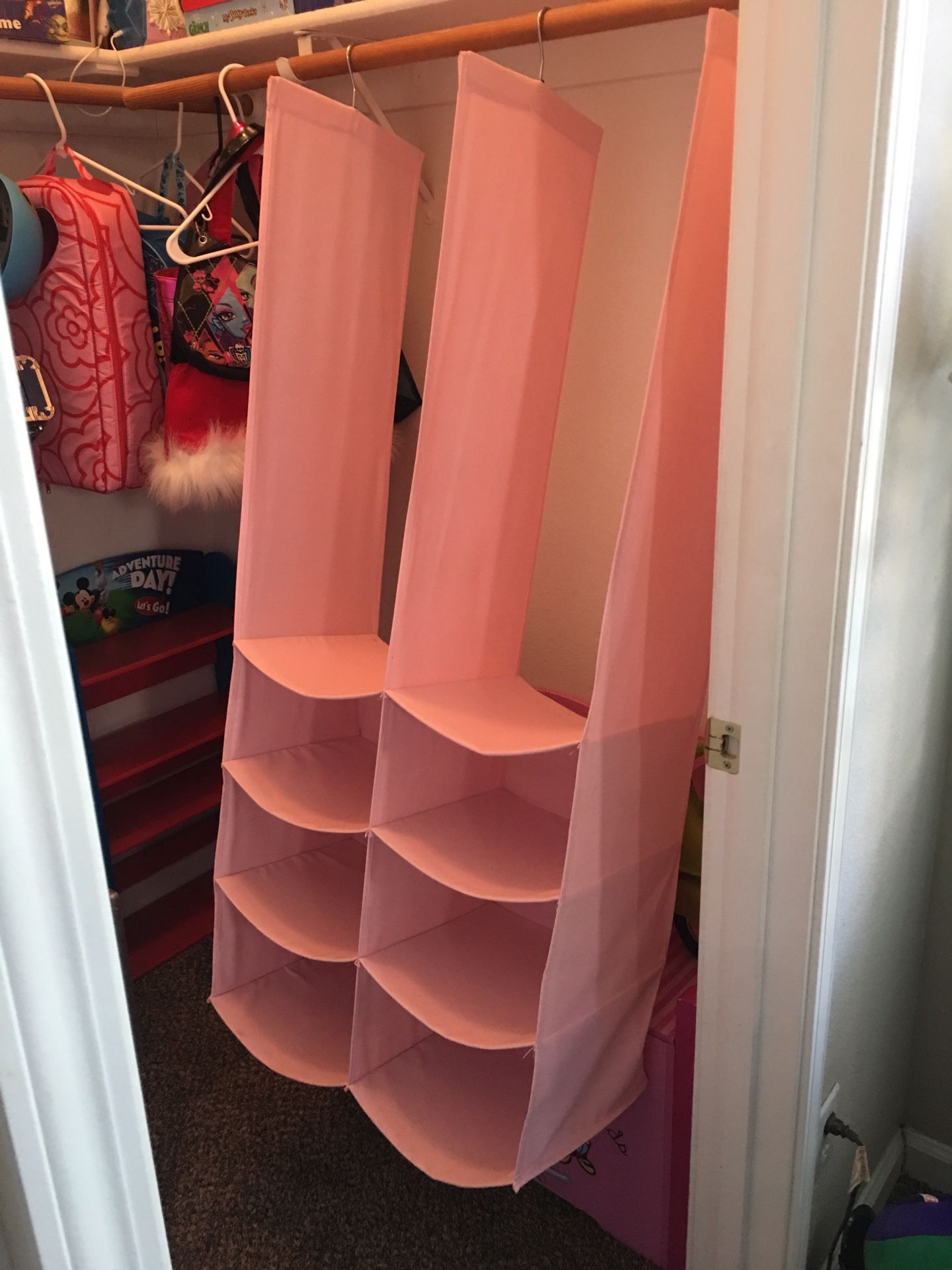 CLOSET ORGANIZER - PINK -LARGE & CLEAN! STURDY AND HAS SILVER HANGER PART TO HANG - GOOD QUALITY