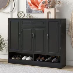 47.2 in. H x 39.4 in. W Black Wood 4-Door Shoe Storage Cabinet with Drawer and Open Shelf,  Cabinet for Entryway