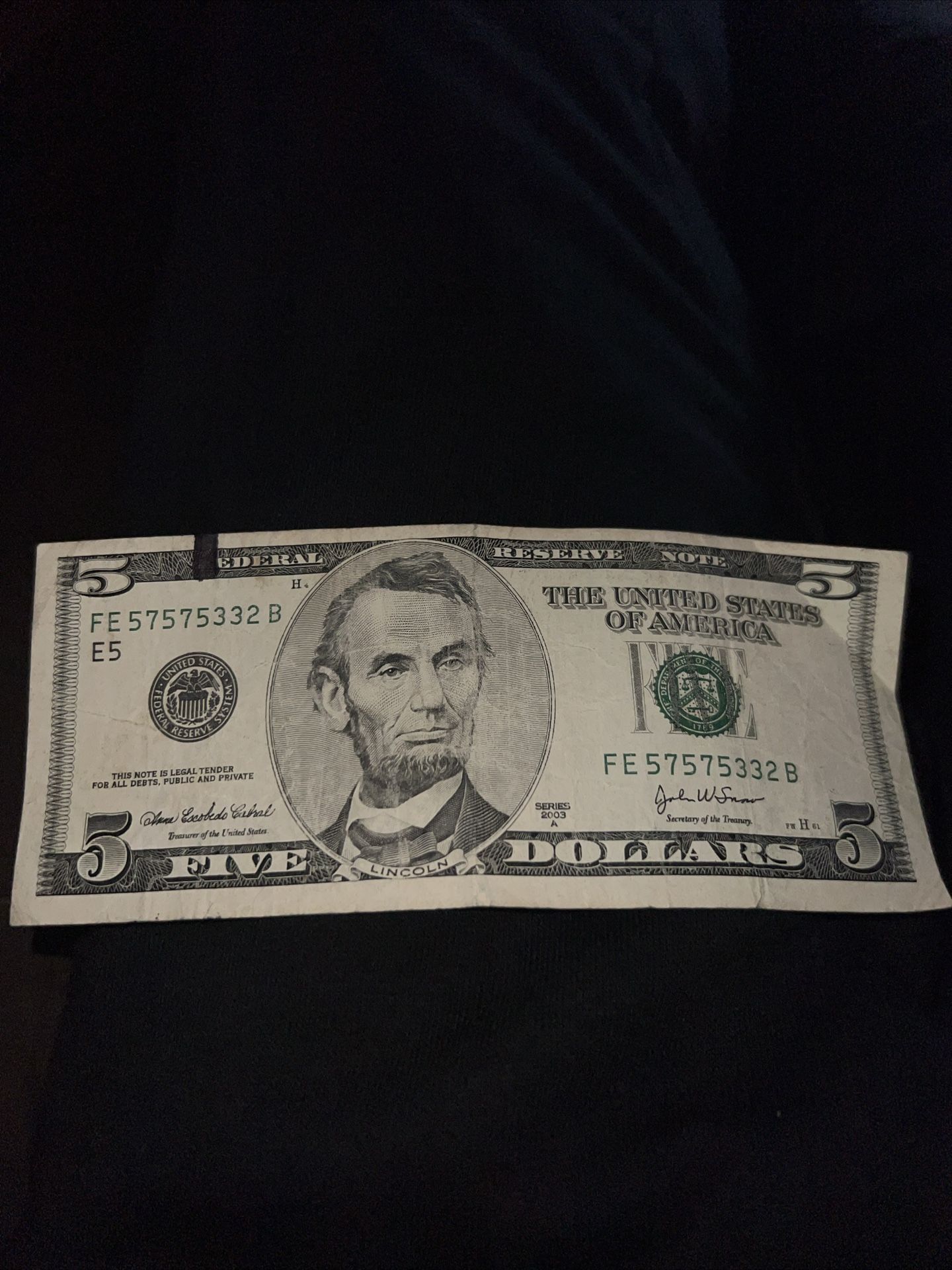 $5 Dollar Bill Series 2003 A Crisp Note/Excellent