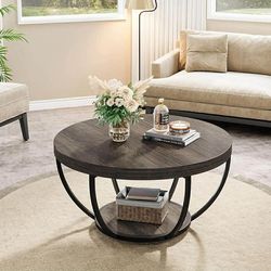 Round Coffee Table, 31.7" Wooden 2-Tier Circle Coffee Table with Storage Shelves, Modern Accent Cocktail Table Center Table for Living Room, Grey