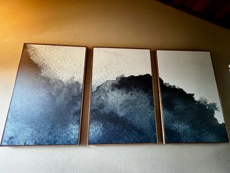 Large blue and white three panel wall art prints on canvas with floating wood frame 24x36 each