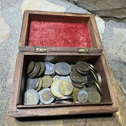 Wooden Treasure Chest World Coins Mixed Lot