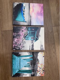 🖼️ Ardemy 3-Panel Teal Canvas Wall Art Set – NEW | Lake/Cabin/Sailboat | 12”×16” Each