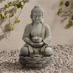 Sitting Buddha 22" High Small Zen Asian Indoor Outdoor Decor Faux Stone Tabletop Fountain with Light LED Water Feature 