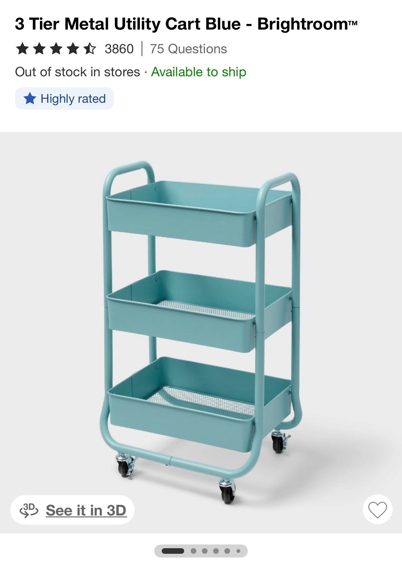 Brightroom 3-Tier Metal Utility Cart (Blue) - Like New