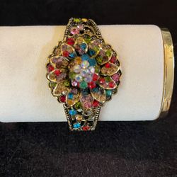 Multicolor Crystal Statement Cuff Bracelet | Gold Tone | Floral Design | 6.5” Wrist 