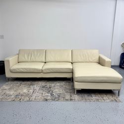 Moroni Ivory White Mid Century Modern Leather Sofa with Right Chaise Lounge