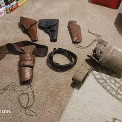Vintage WW11 US Army Canteen W/Cover And Belt + Holsters Lot Of (6)