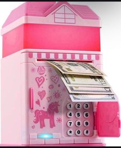 Piggy Bank, Pink ATM Plastic Piggy Bank for Real Money, Gift Toys for Girls Boys Kids Birthday, Cute Electronic Cash Cointr Code with Night Light, Mus