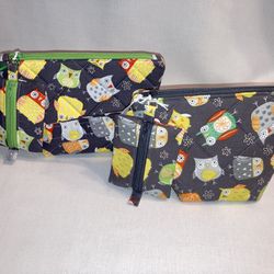 Fabric Zipper Bag Set, Owls, Purse/makeup Bag, Coin Purse