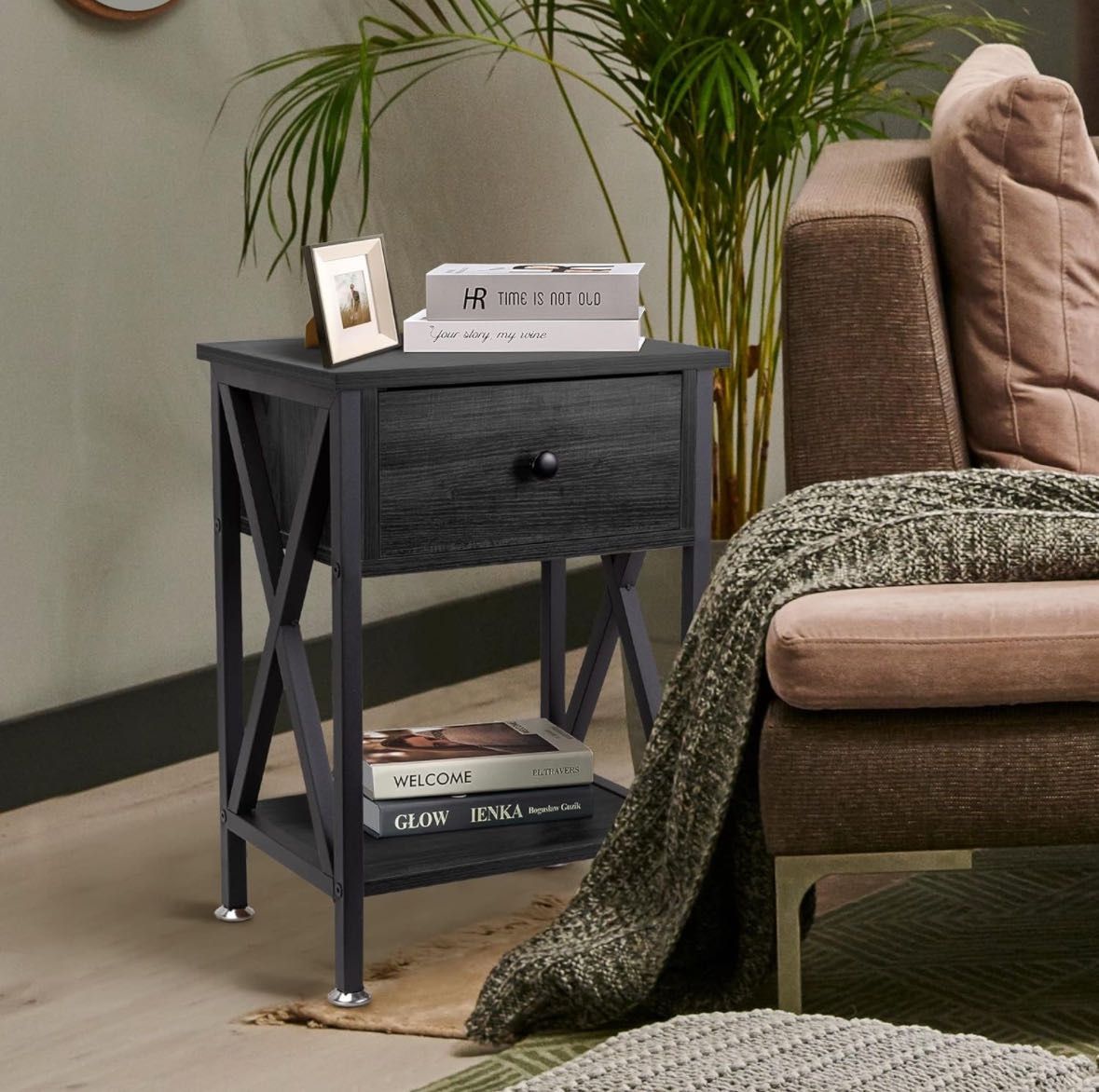 GOOD & GRACIOUS Multi-Function Nightstands, Small Narrow End Table with Drawer, X-Shape Frame Side Table with Shelf for Living Room, Bedroom, Bed Side