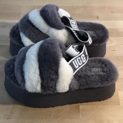 UGG Fluff Yeah Slide Gray White Stripe Platform Slippers Womens Size 7