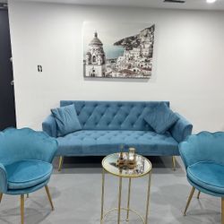 4 Pieces Living Room Set - Sky Blue Futon Sofa ; 2 Matching Petal Accent Chairs And Gold Table (New)