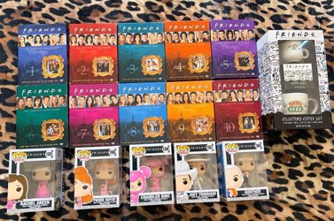 FRIENDS LOT, COMPLETE DVD SERIES, COLLECTORS COFFEE SET, AND FUNKO POPS. BRAND NEW