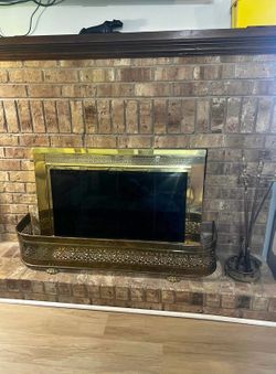 Vintage Brass Fireplace Screen & Fender Set