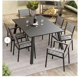 6 pcs chairs+57 in. Black Expandable Aluminum Outdoor Patio Dining Table