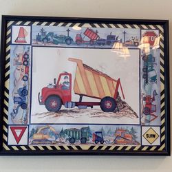 Kids Framed Dump Truck Picture 21" X 17" Boys Room Decor 
