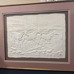 White intaglio print of horses (signed and numbered)