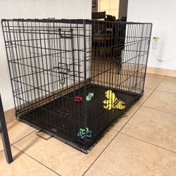 dog crate bed and dog food kibble 