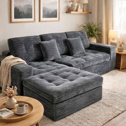 Modular Cloud Sectional Sofa with Ottoman, 105'' Faux Rabbit Fur Velvet Frameless Couch,Blue Gray