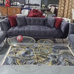 3 PIECE SOFA ARMCHAIR OTTOMAN CHARCOAL VELVET