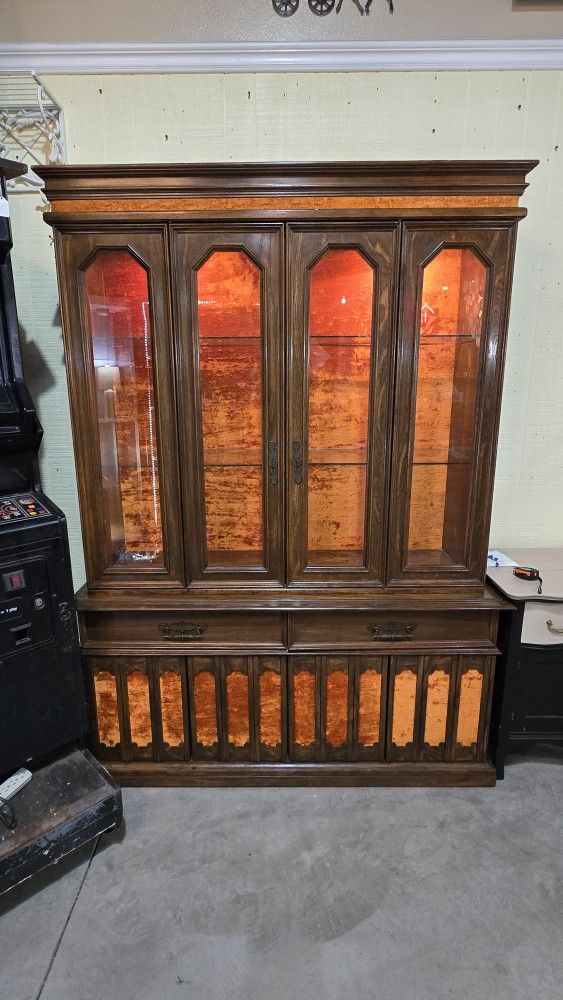 Vintage 1970s Hutch China Cabinet With "Copper" Crushed Velvet (Orange) Door Panels Are Reversible