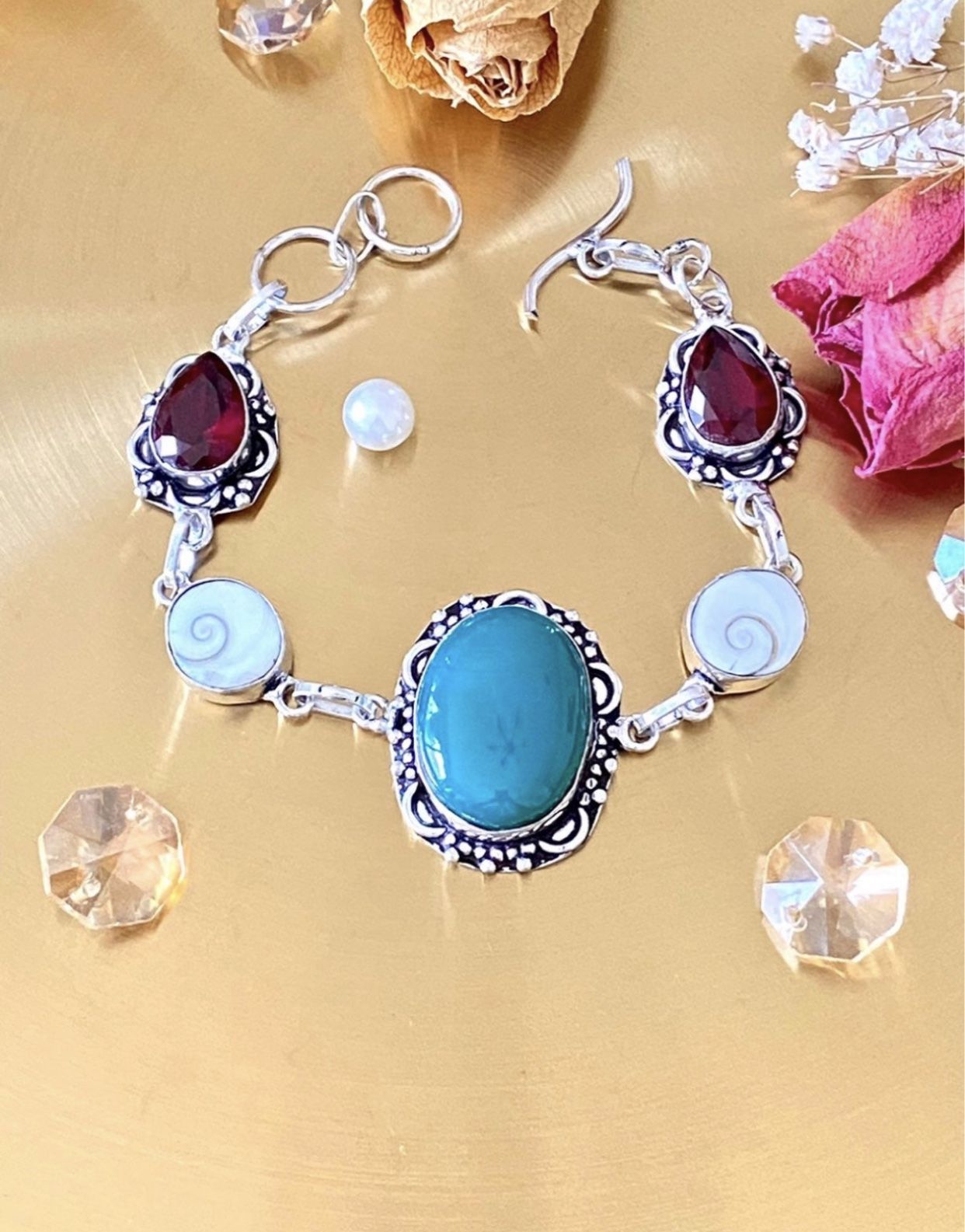 Green Onyx, Shiva Shell Eye And Garnet 925 Sterling Silver Overlay Bracelet