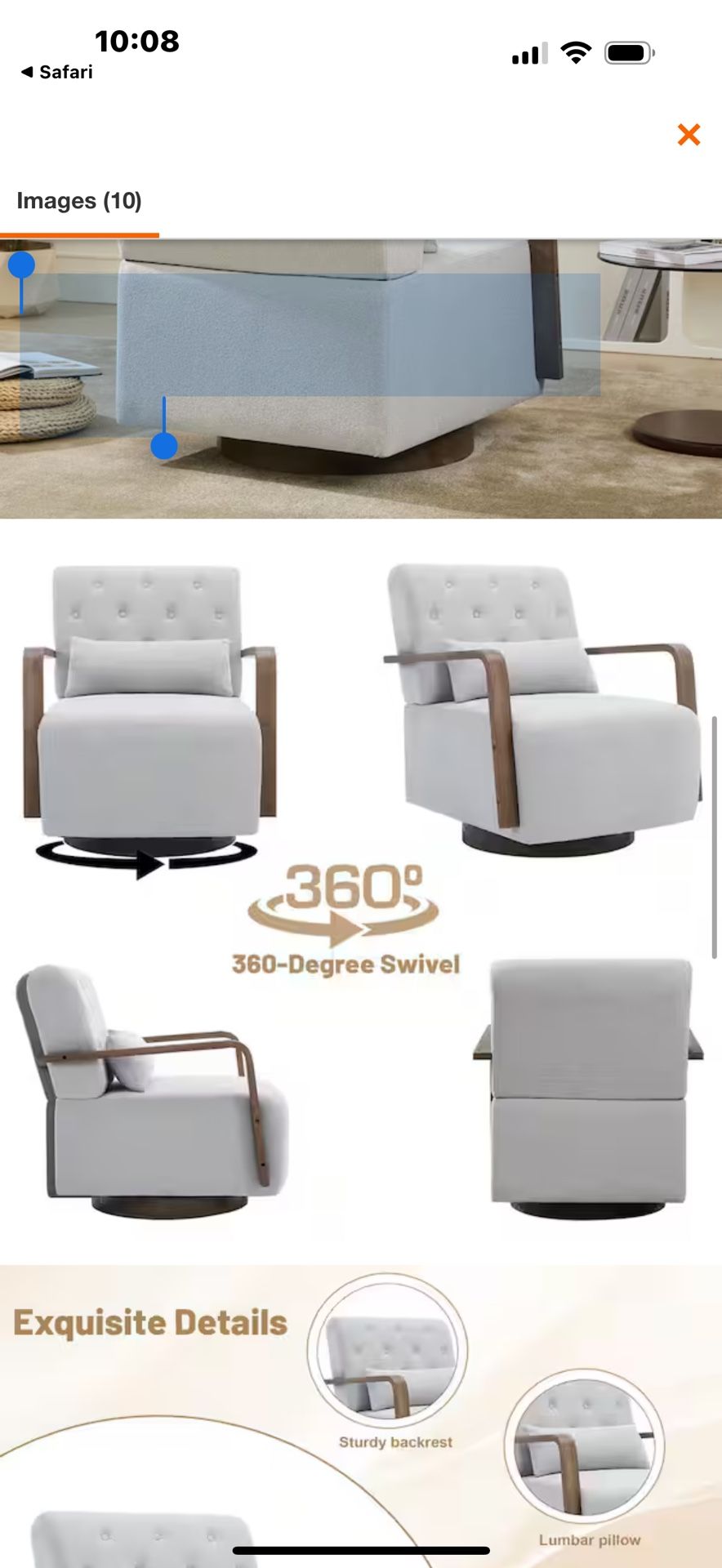 Light Gray Swivel Accent Chair with Solid Wood Arm Modern Fabric Armchair for Living Room or Bedroom