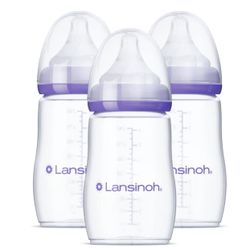 NEW - Lansinoh Anti-Colic Baby Bottles, BPA-Free Plastic, 8 Ounces, 3 Count, Medium Flow Nipples (Size M), Breastfeeding Bottle with NaturalWave Desig