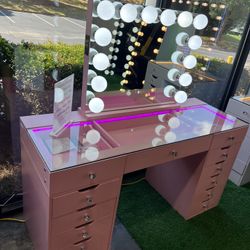 Pink Makeup Vanity and Bluetooth Speaker LED Mirror