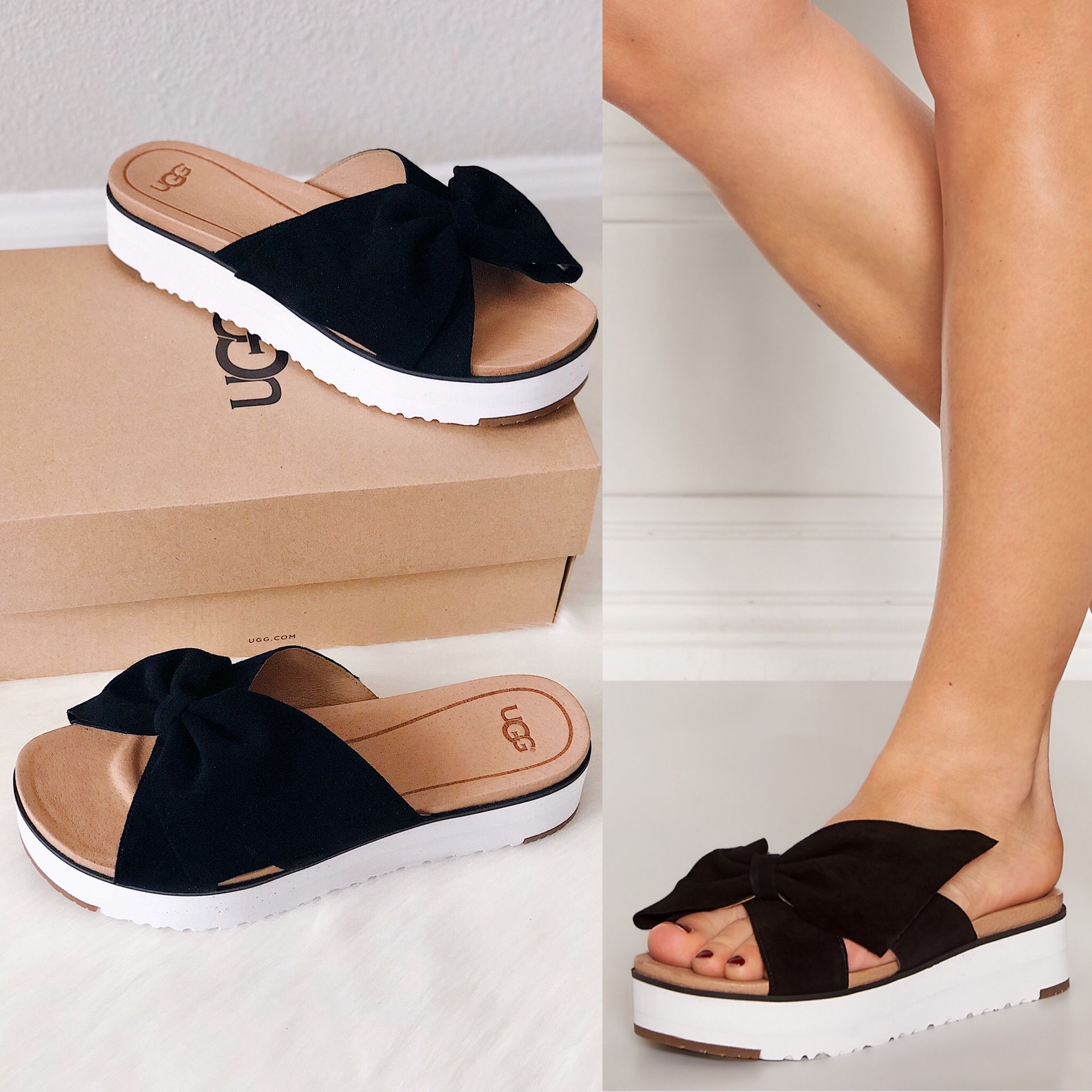 ✨New UGG Joan II Leather Bow Platform Slide Sandals Black Womens Shoes Size 9.5M