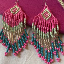 Fringe boho Earrings beautiful hot pink and Acqua colors dead bead tassel earrings