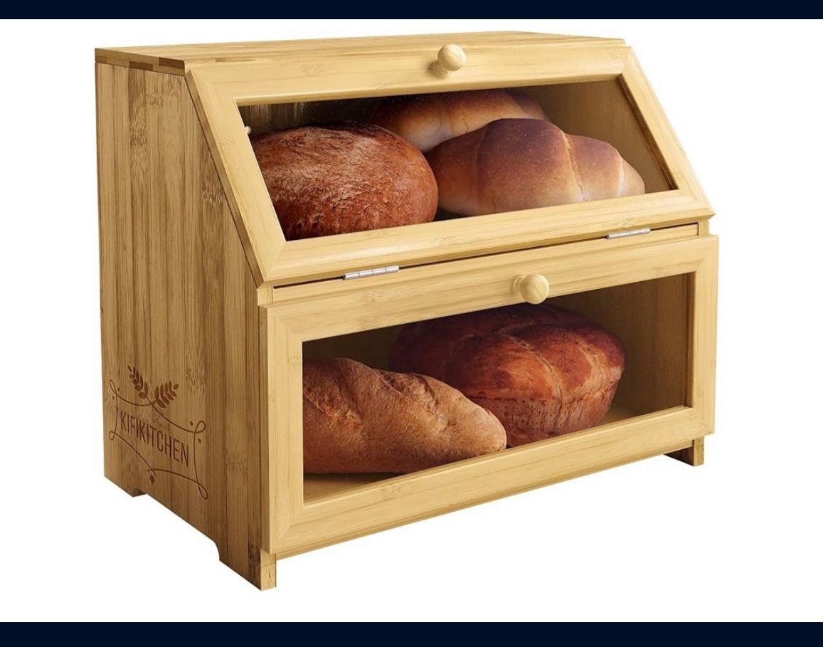 Bamboo Bread Box Space Saving Rustic Flat-Top Bread Bin for Countertop - Store Bread Cake and Baked Goods - 15 x 9.8 inches (2 Tier box)
