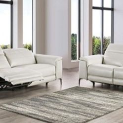 Brand New Taupe Leather Modern Style Power Reclining Sofa & Loveseat 