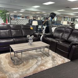 Brown Gel Leather Sofa & Loveseat Set For Sale (furniture Assembly) Reclining W/ Cup Holders.