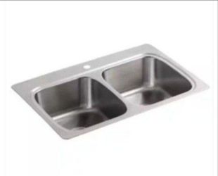 KOHLER Verse Stainless-Steel 33 in. Double Bowl Drop-In Kitchen Sink with Single Faucet Hole