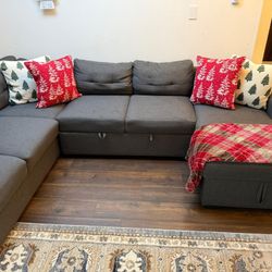 Aine 118" Wide Fabric Sectional Sleeper Sofa (Pull-Out Bed) With Storage Chaise