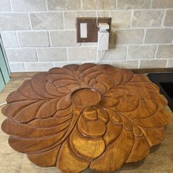Vintage Wood Floral Lazy Susan Rotating Teak Wood Tray from Philippines 