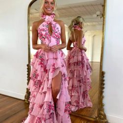 Dress Tiered Floral Print Prom Dresses Long Ball Gown Strapless A Line Formal Evening