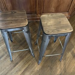 NEW SET 2 BROWN WOOD TOP & BRUSHED SILVER METAL LEG BARSTOOLS BAR 30” HEIGHT BAR STOOLS CHAIRS 